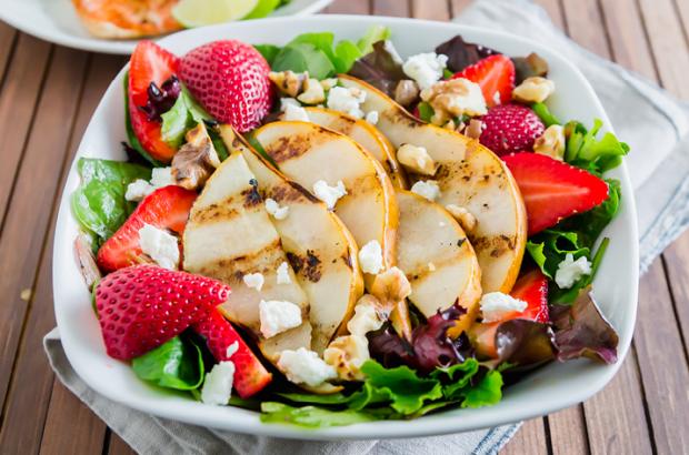 Grilled Pear Salad with Strawberries and Chevre on a Plate