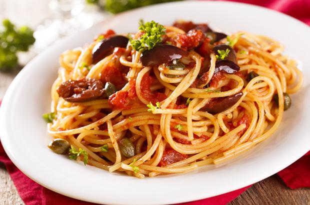 Pasta topped with Sun-Dried Tomato Puttanesca Sauce