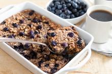 Banana Berry Baked Oats Squares in a casserole dish