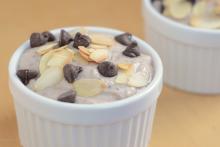 Maple Chocolate Tofy Pudding topped with chocolate chips and toasted almonds